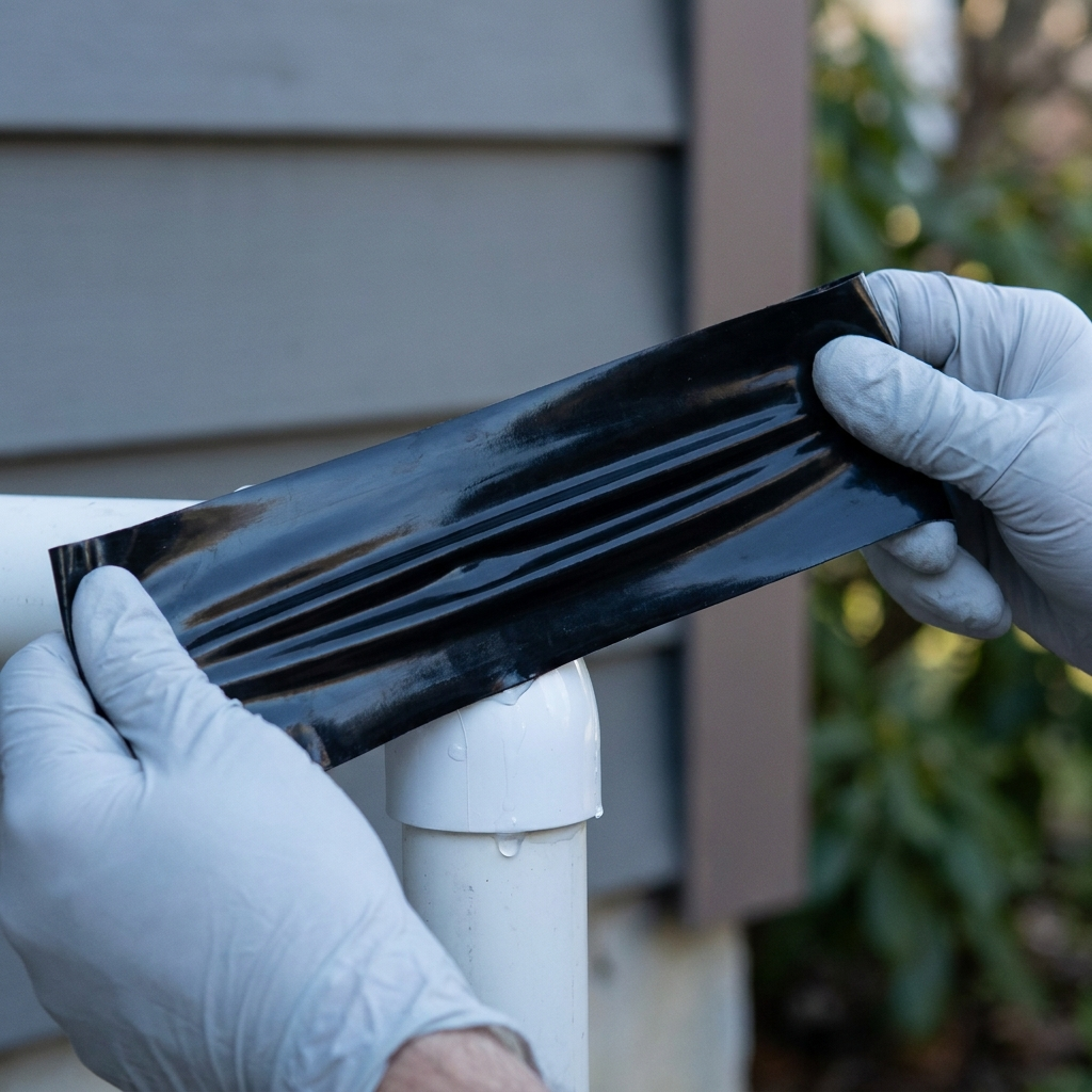 Elara Haus waterproof repair tape being applied to a leaking pipe joint