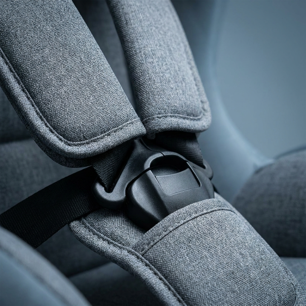 Close-up of child travel seat harness buckle and padding
