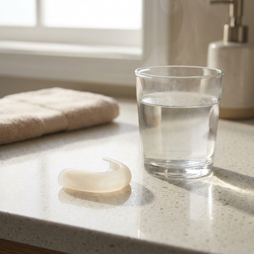 Tooth cover on a bathroom counter beside a glass of water