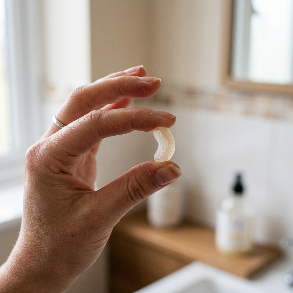Hand holding a silicone tooth cover to show scale