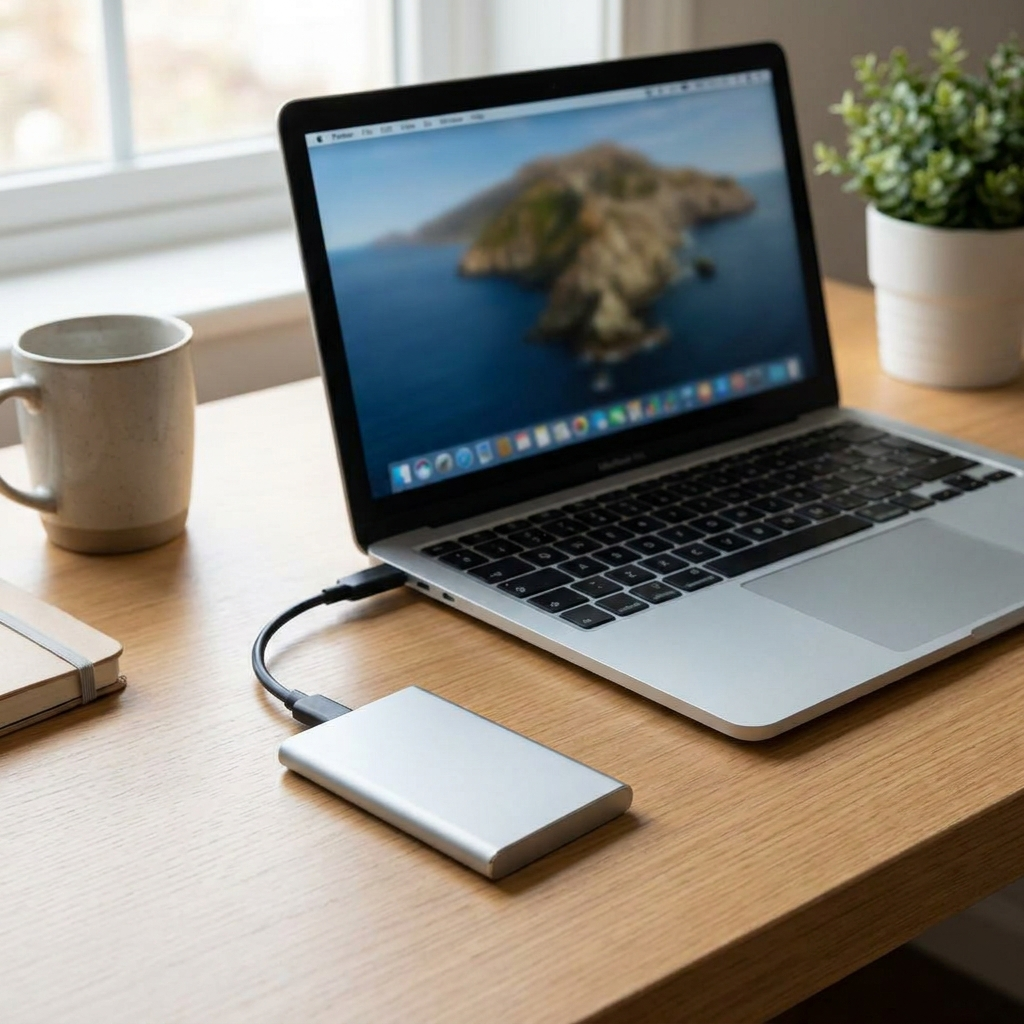 Portable SSD connected to a laptop on a desk
