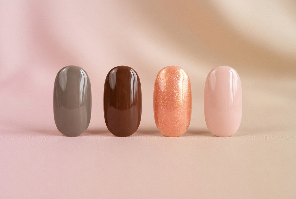 Set F swatch chart - Taupe, Chocolate, Peach, Pale Nude
